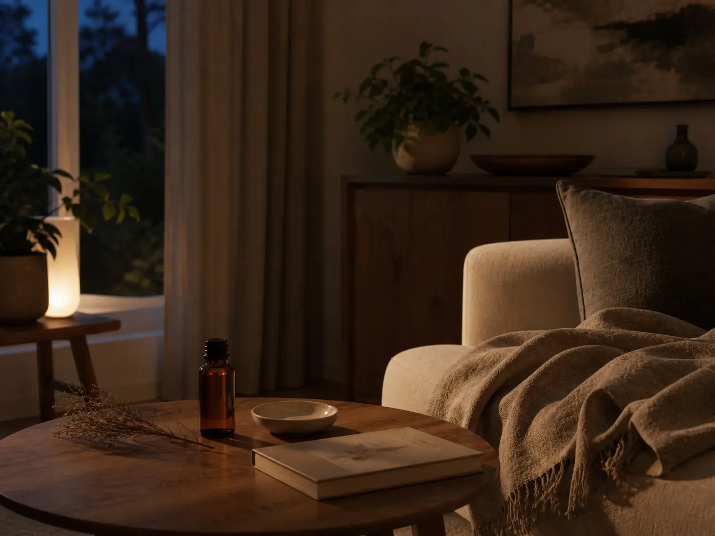 Grounded evening room scene for vetiver essential oil with warm low light and quiet home atmosphere