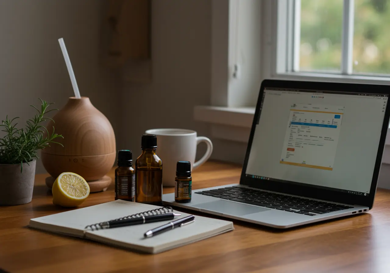 Work-from-home desk with daylight, laptop, and a light essential oil routine