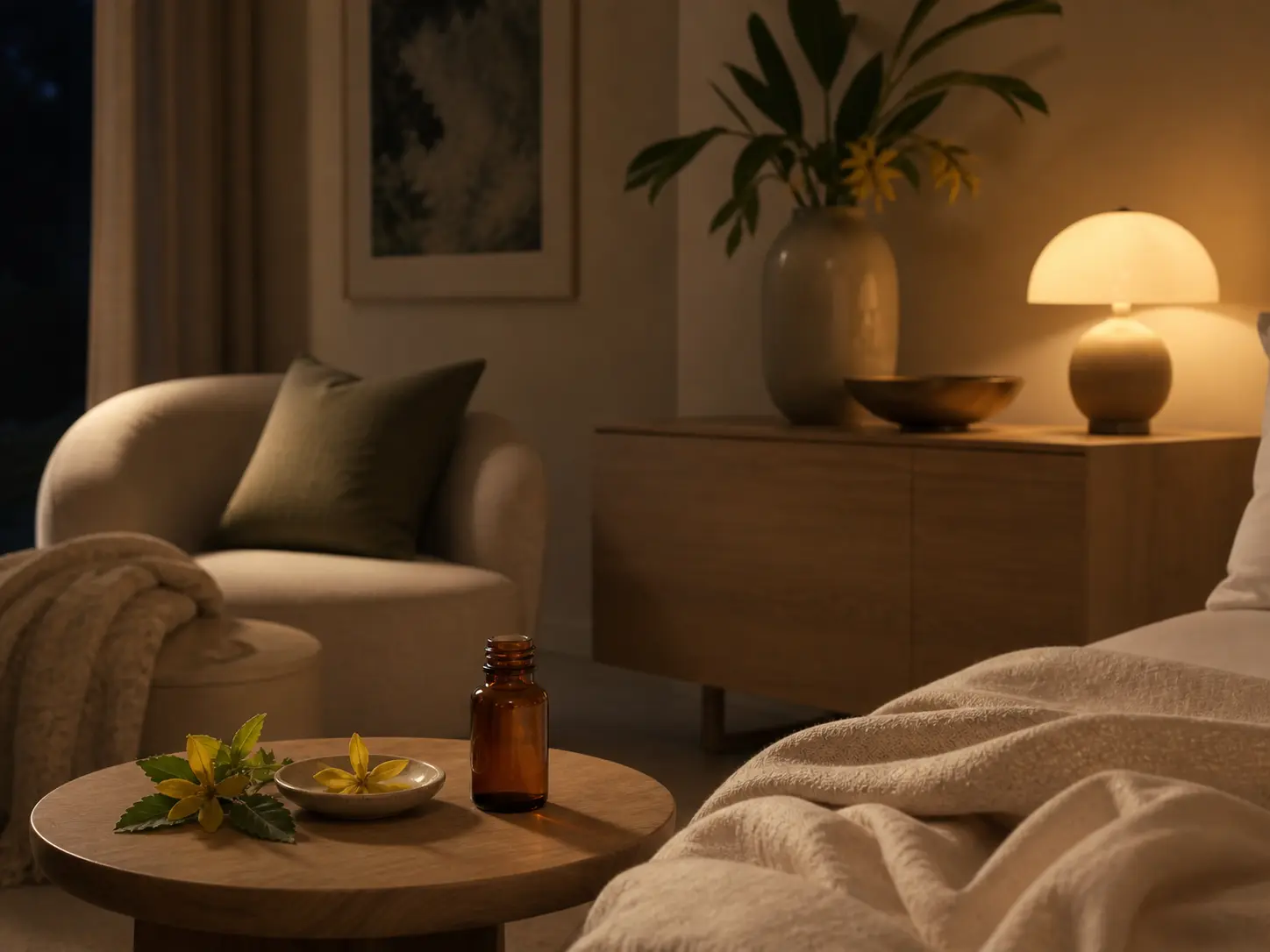 Elegant restrained room scene for ylang ylang essential oil with warm light and soft floral atmosphere