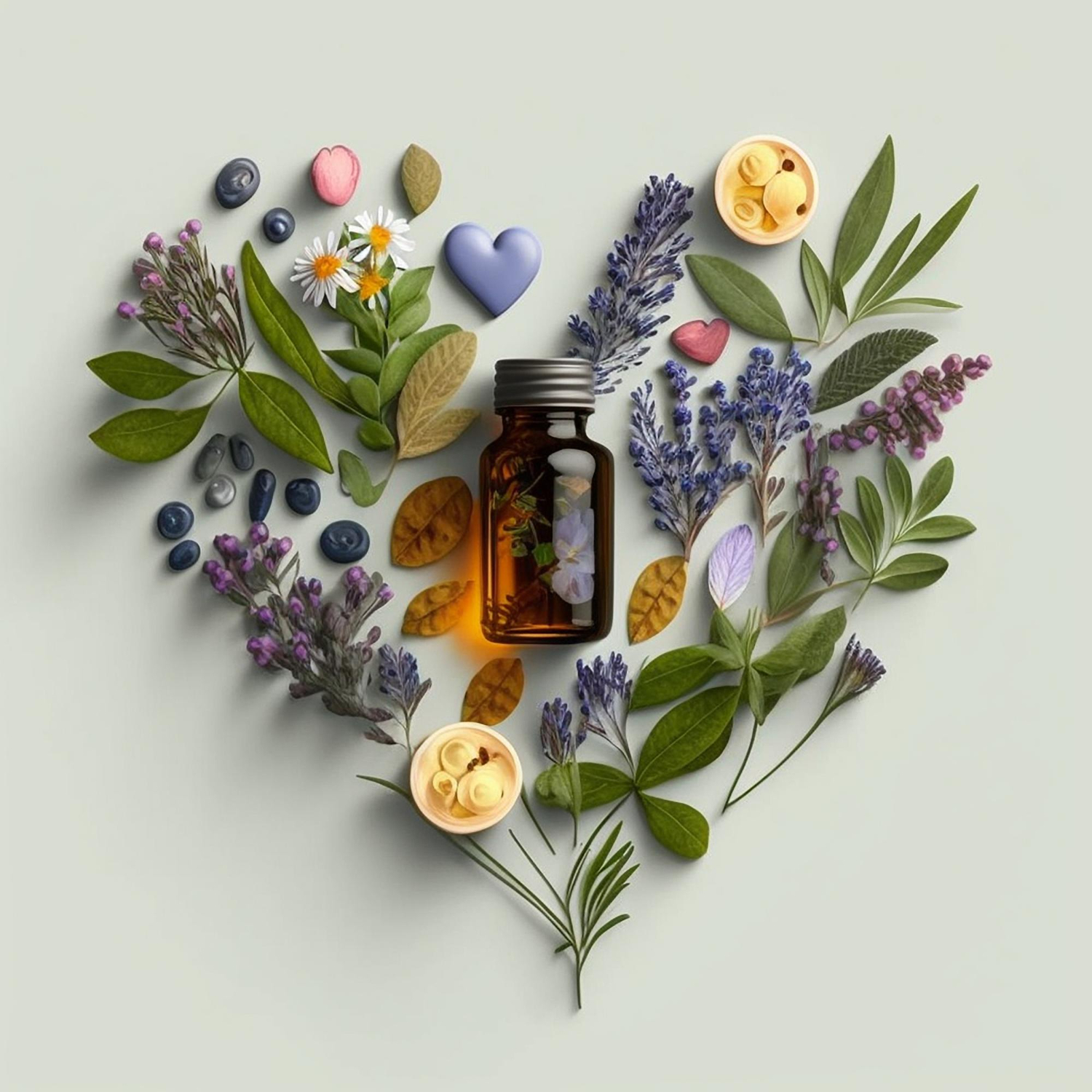 Essential oil bottle and herbs