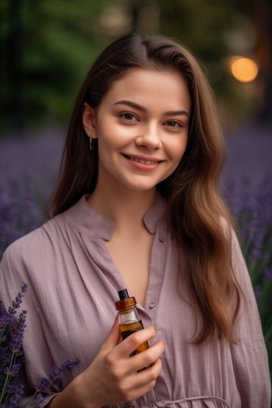 Beautiful woman holding an essential oil bottle