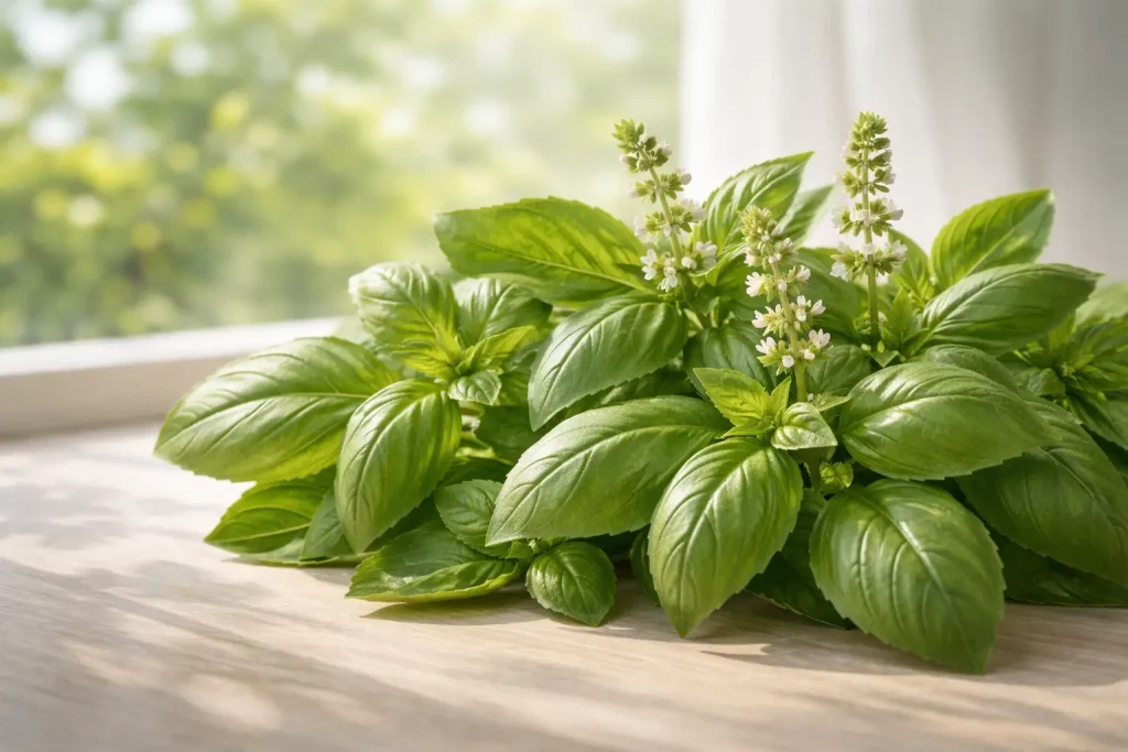 Fresh Ocimum basilicum basil leaves in warm natural light