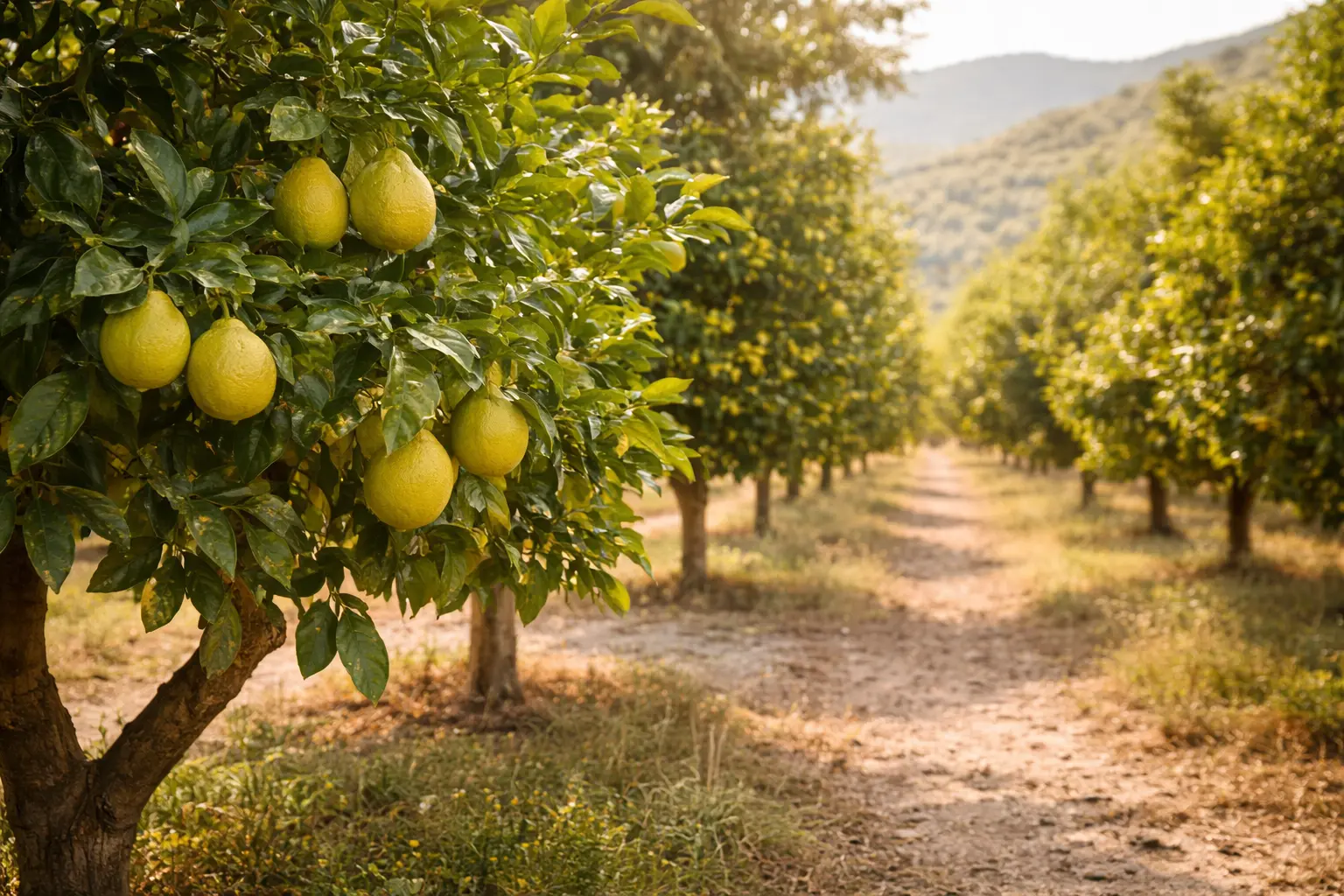 Citrus bergamia bergamot trees growing in a sunlit Calabrian orchard