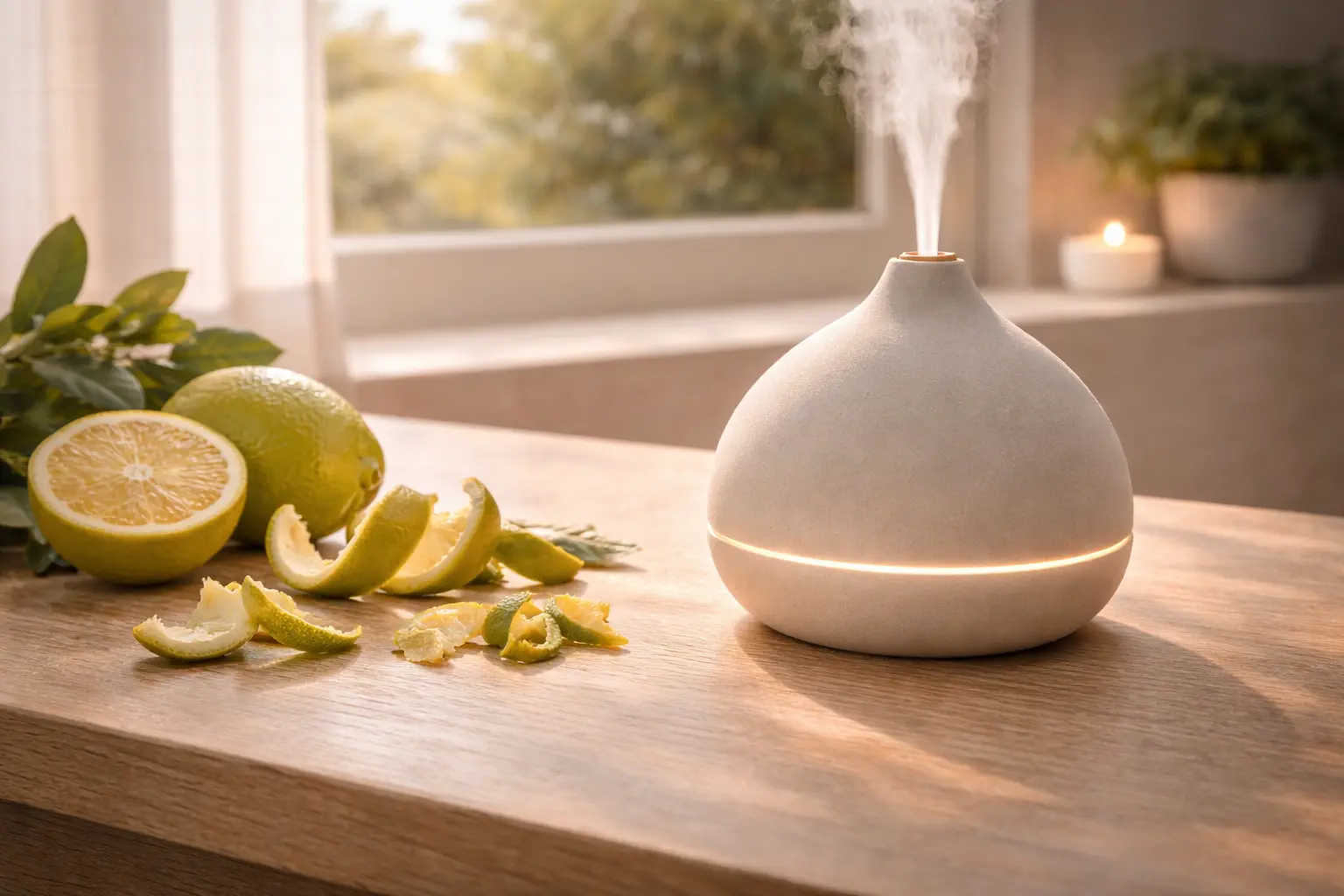 Elegant bergamot inspired diffuser setup with citrus fruit and soft natural home light