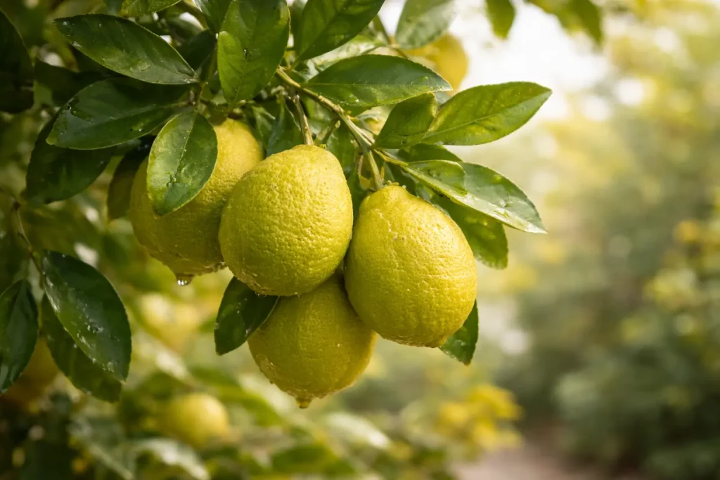 Fresh Citrus bergamia bergamot fruit and leaves in soft natural light
