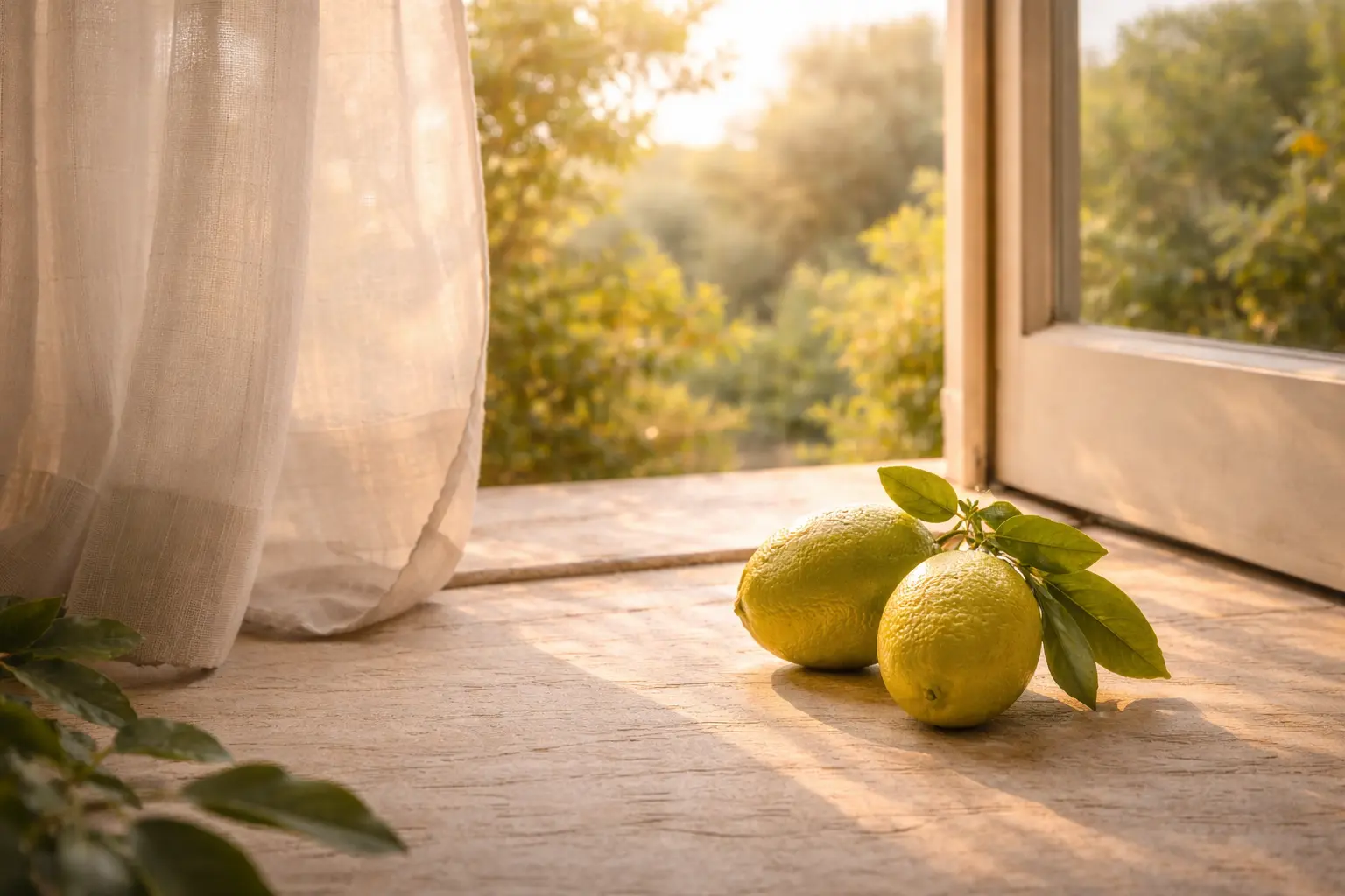 Golden bergamot inspired citrus scene at a peaceful sunlit threshold