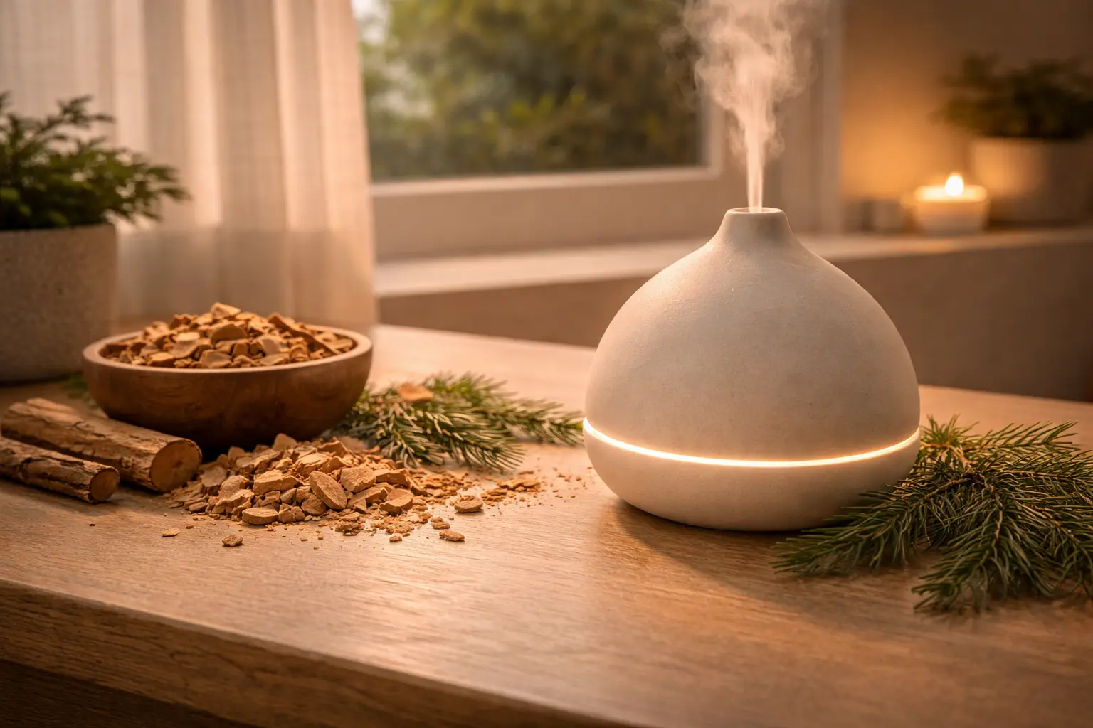 Cedarwood Atlas inspired diffuser setup with warm wood textures and calm home light