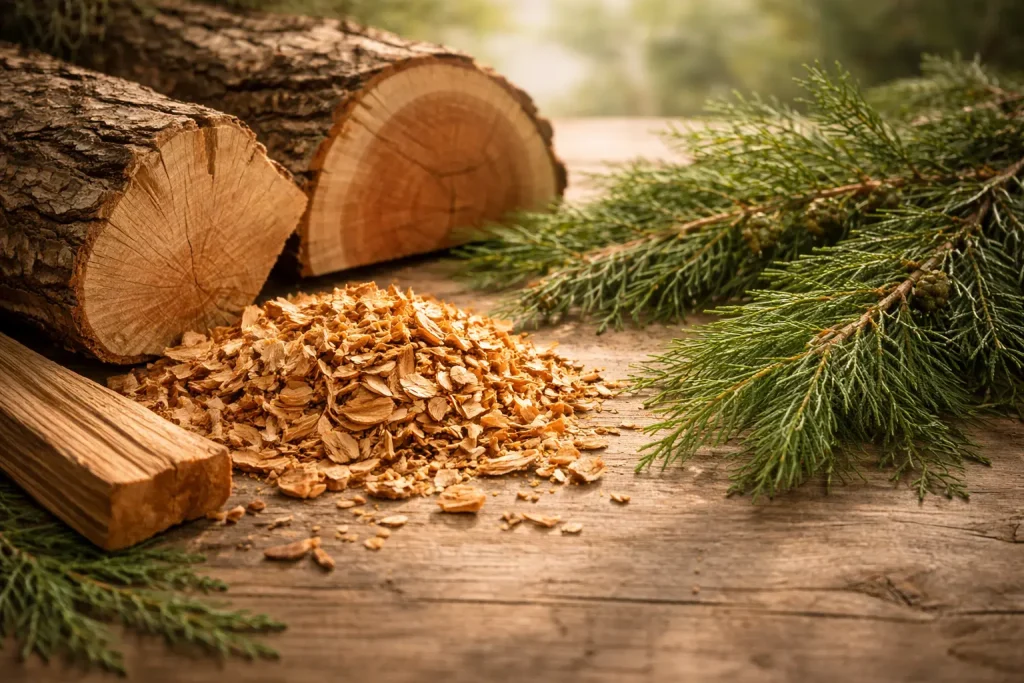 Cedar wood and evergreen needles in soft natural light