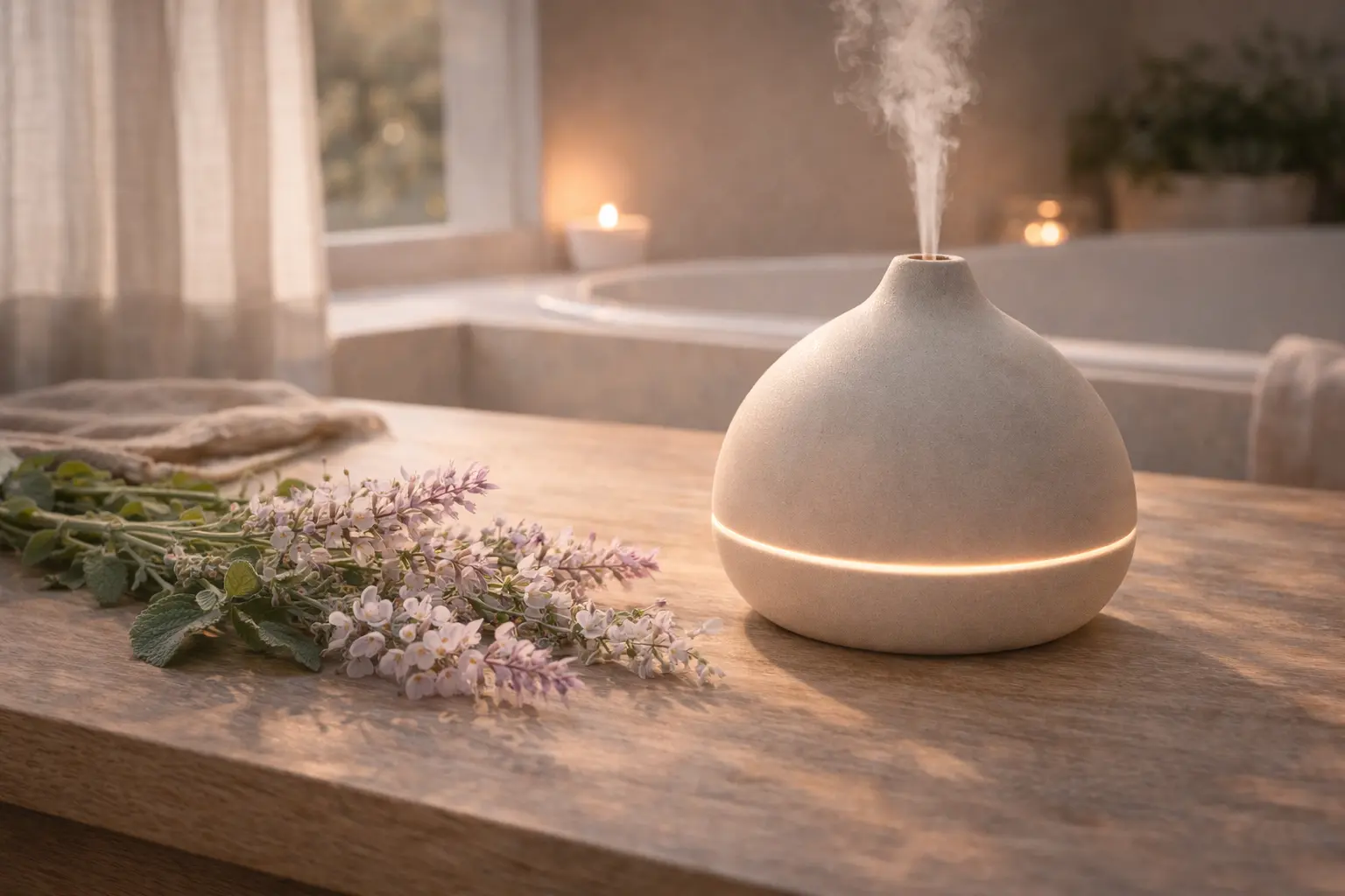 Clary sage inspired diffuser routine with soft evening light and calming natural textures