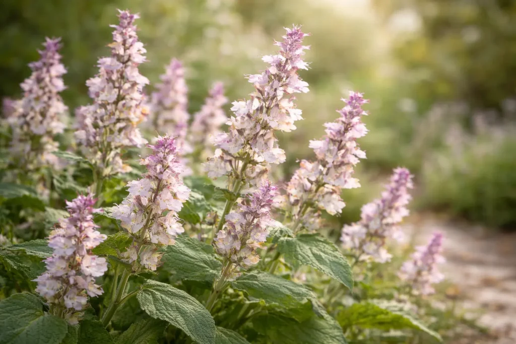 Fresh Salvia sclarea clary sage flowers and leaves in soft natural light