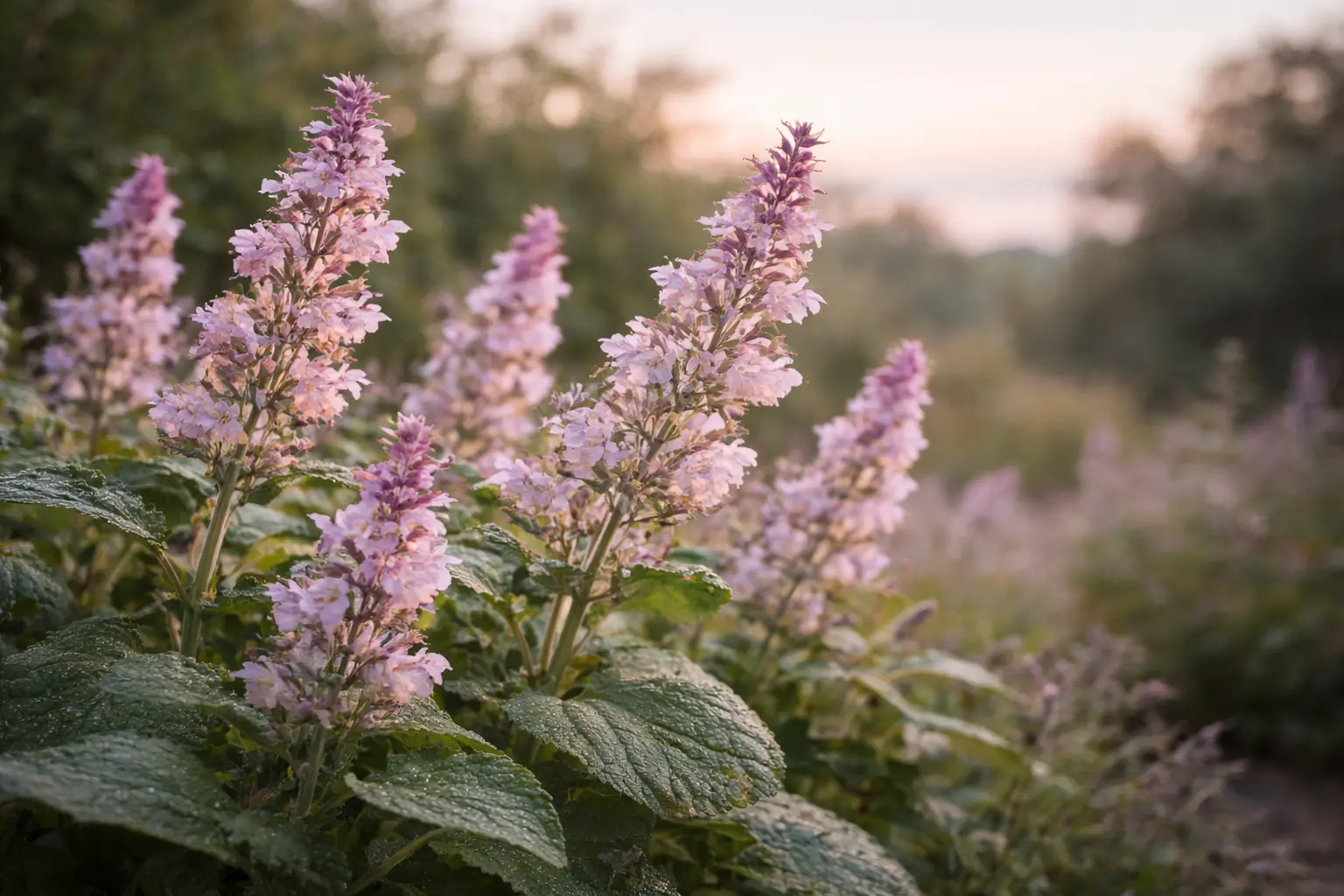 Clary sage flowers in soft dusk light with a calm natural atmosphere