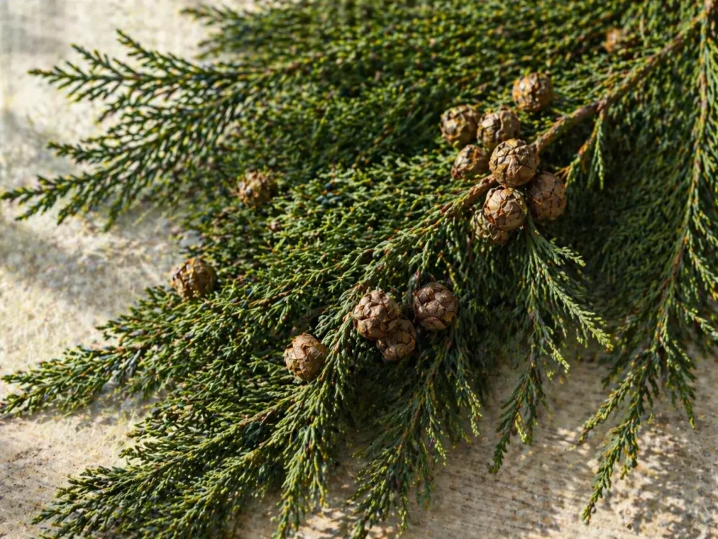 Fresh Cupressus sempervirens cypress foliage and cones in natural light