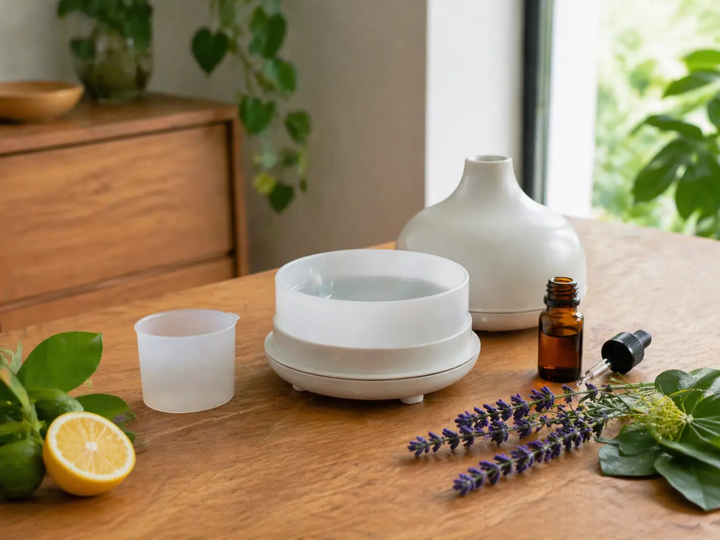 Essential oil bottle, water cup, and open ceramic diffuser prepared for a simple diffuser setup