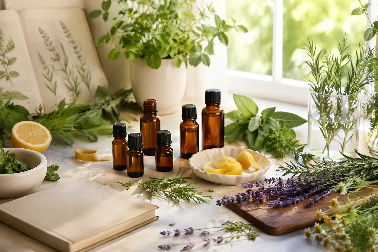 Botanical essential oil reference desk with unlabeled amber bottles, herbs, citrus peel, notebook, and soft natural light