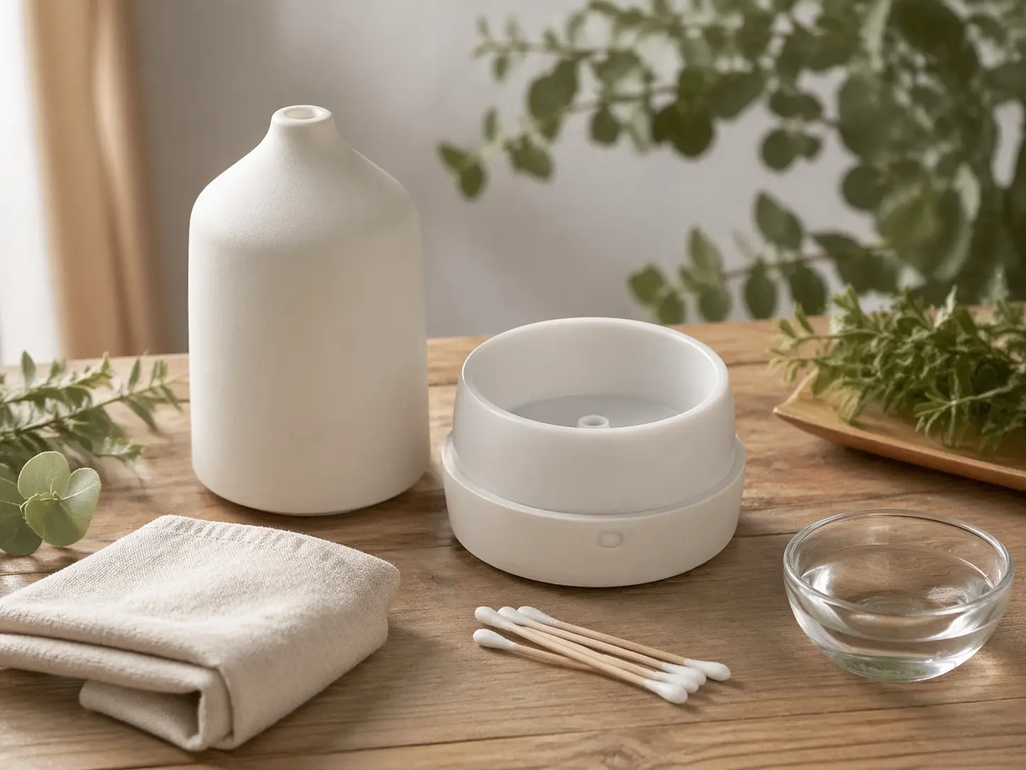 Clean ceramic diffuser with soft cloth and small bowl of water prepared for diffuser maintenance