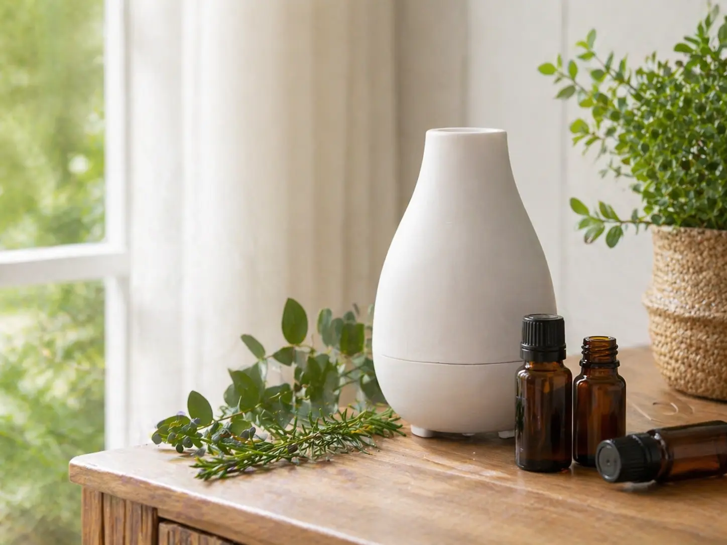 Ceramic diffuser near an open window with essential oils and fresh herbs in a softly ventilated room