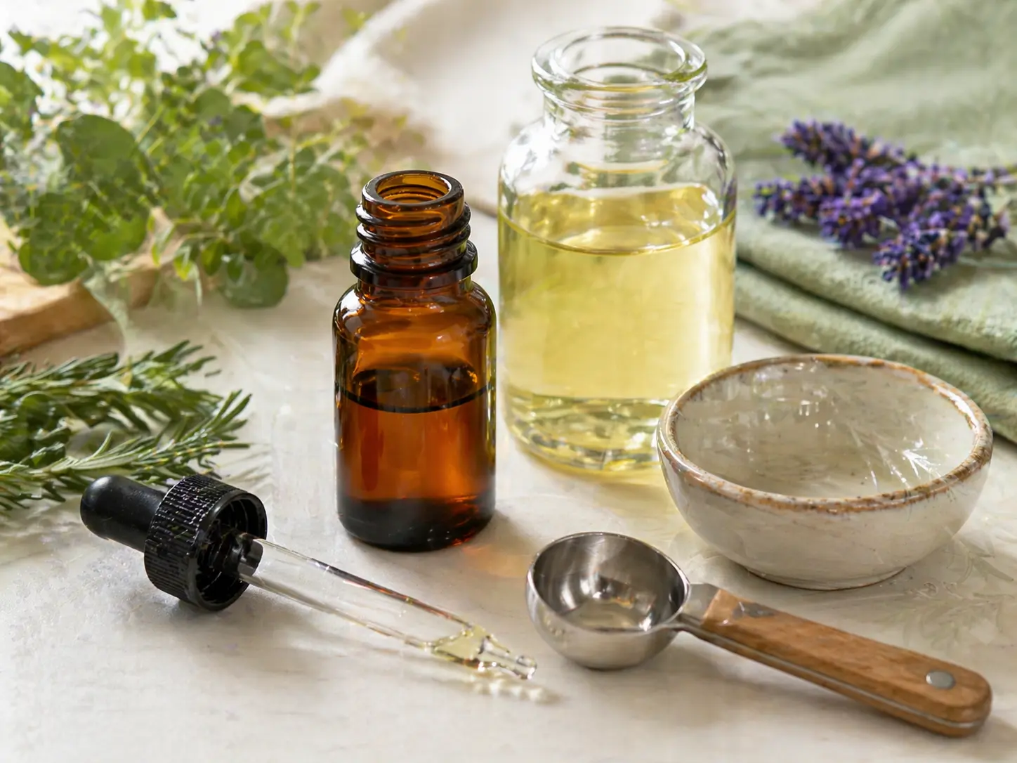 Glass dropper, measuring spoon, and carrier oil prepared for calculating essential oil dilution