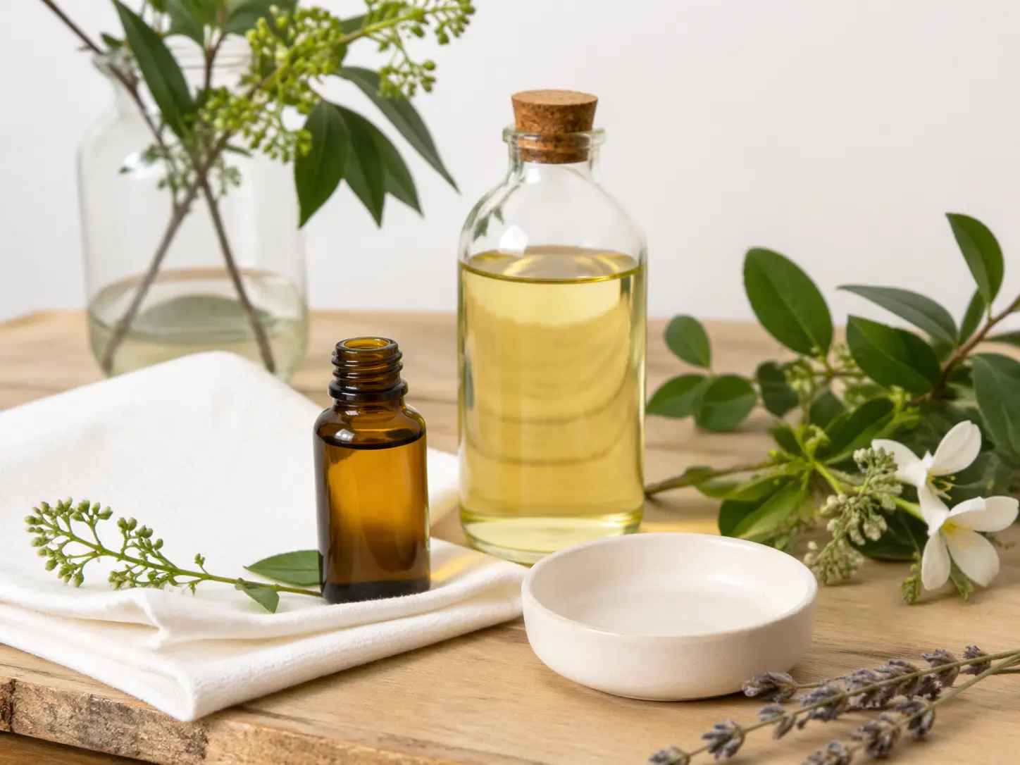 Small finished body oil bottle with carrier oil and botanical sprigs on a calm natural surface
