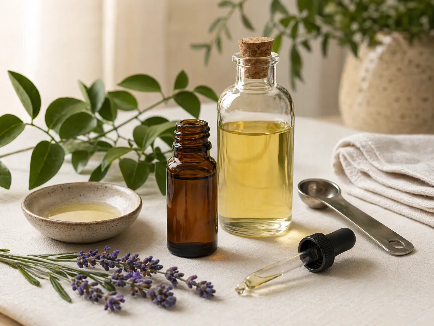 Carrier oil and essential oil bottles prepared for safe dilution on a clean botanical workspace