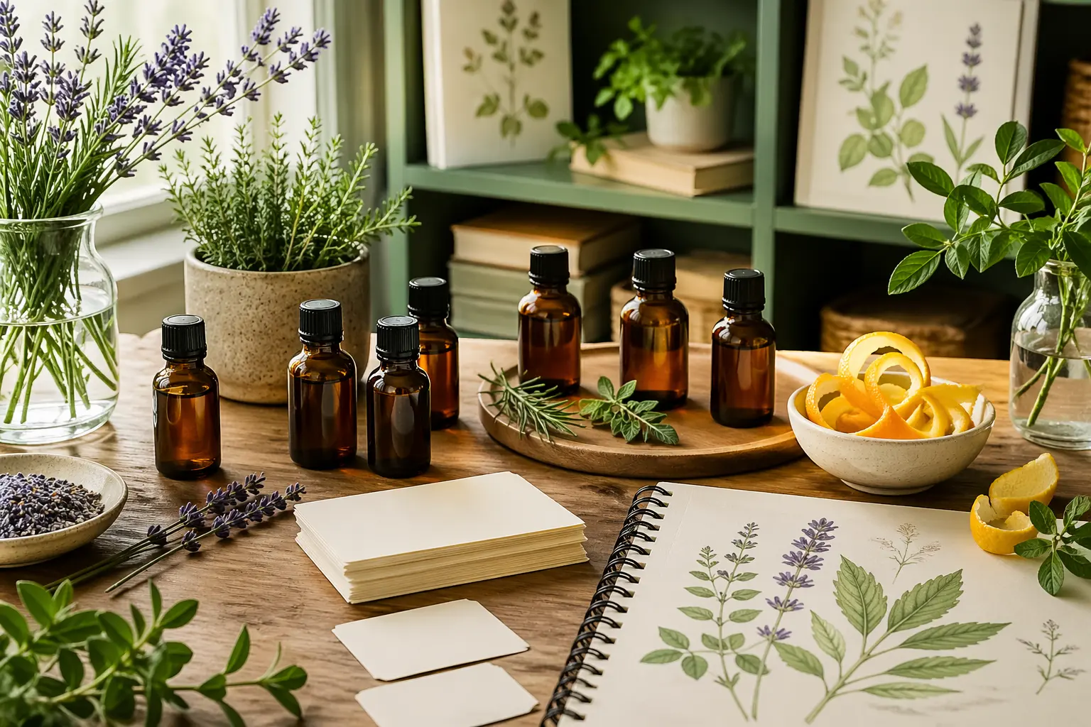 Botanical glossary notes with essential oil bottles, plant sprigs, citrus peel, and clean reference materials