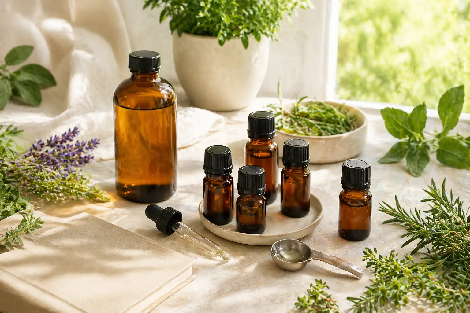 Essential oil safety learning setup with carrier oil, amber bottles, measuring spoon, notebook, and botanical sprigs