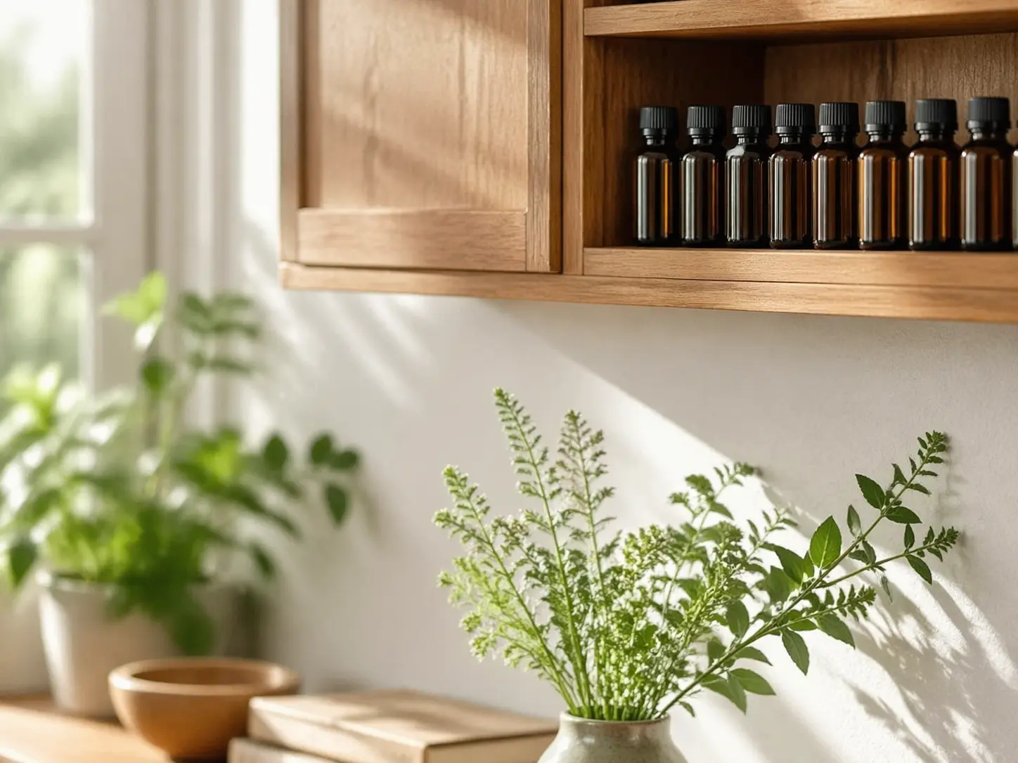 Essential oil bottles stored on a high shelf away from everyday household reach