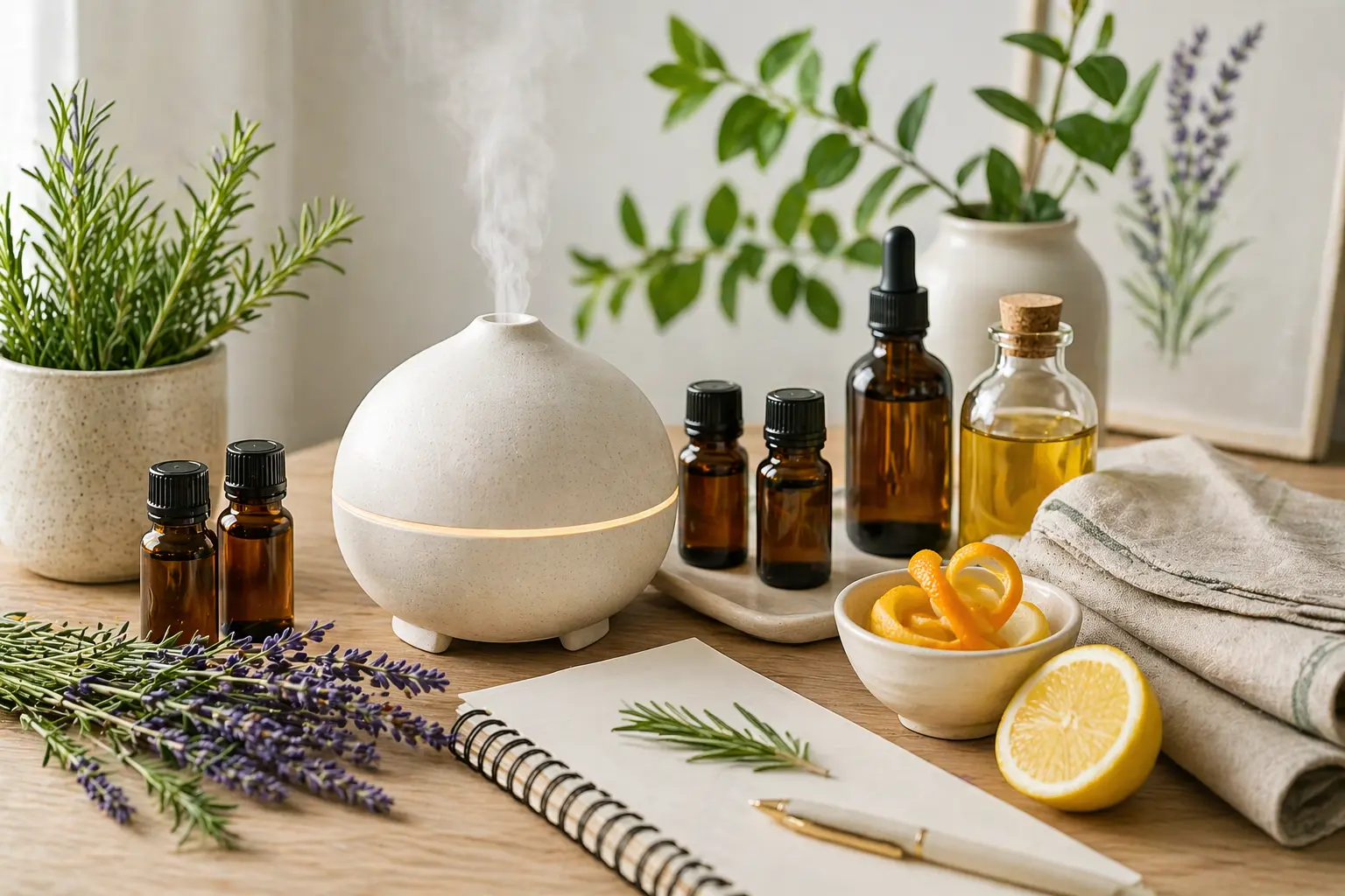 Simple essential oil routine setup with diffuser, carrier oil, herbs, citrus peel, and calm natural light