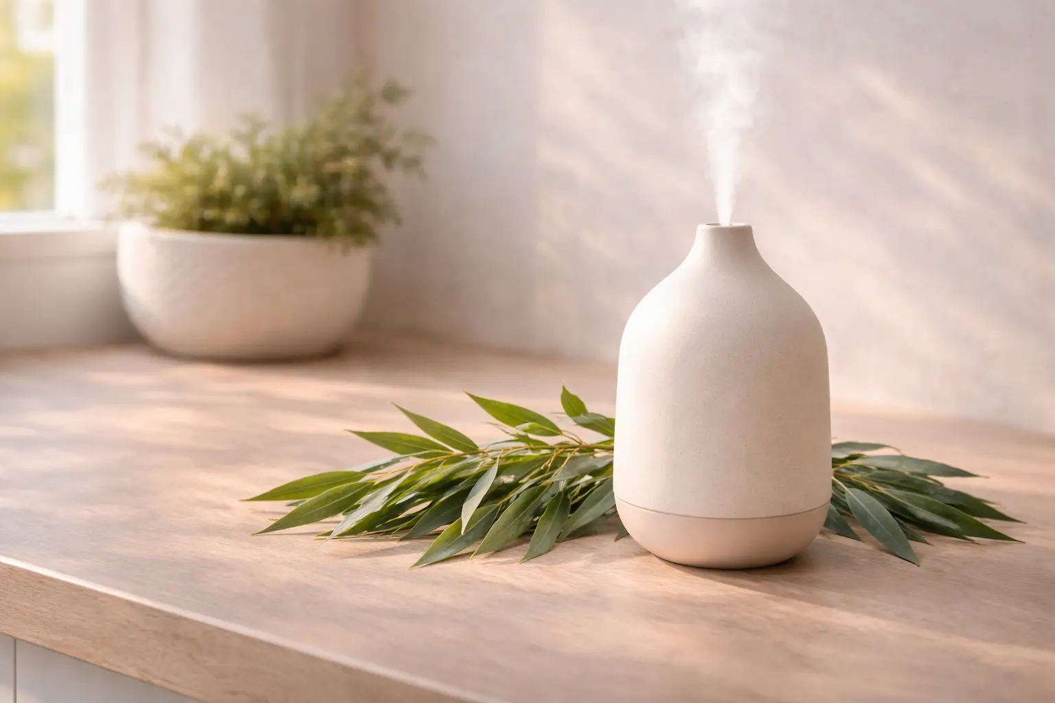 Ceramic diffuser with narrow Eucalyptus radiata leaves in a bright home setting