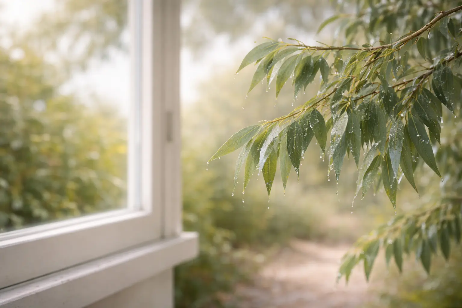 Narrow Eucalyptus radiata branches in fresh air after rain
