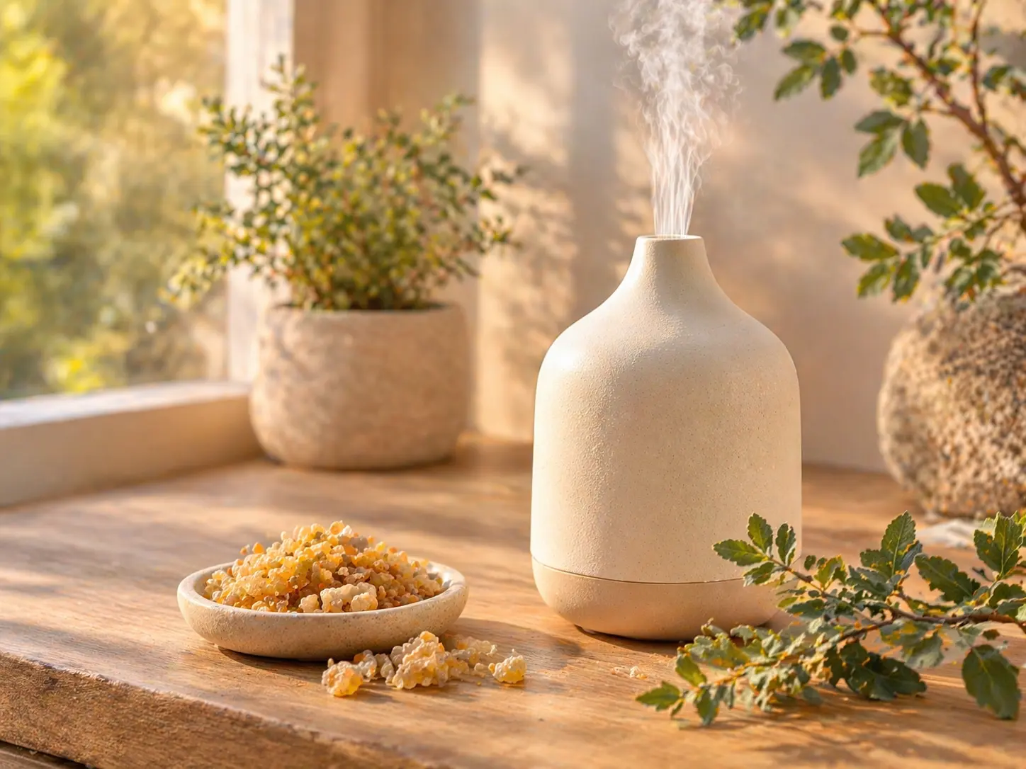 Ceramic diffuser with natural frankincense resin in a calm home setting