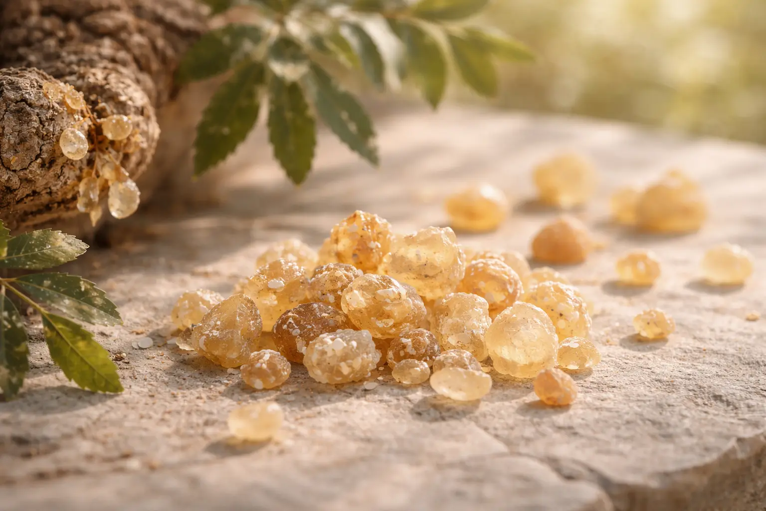 Natural frankincense resin tears in soft natural light