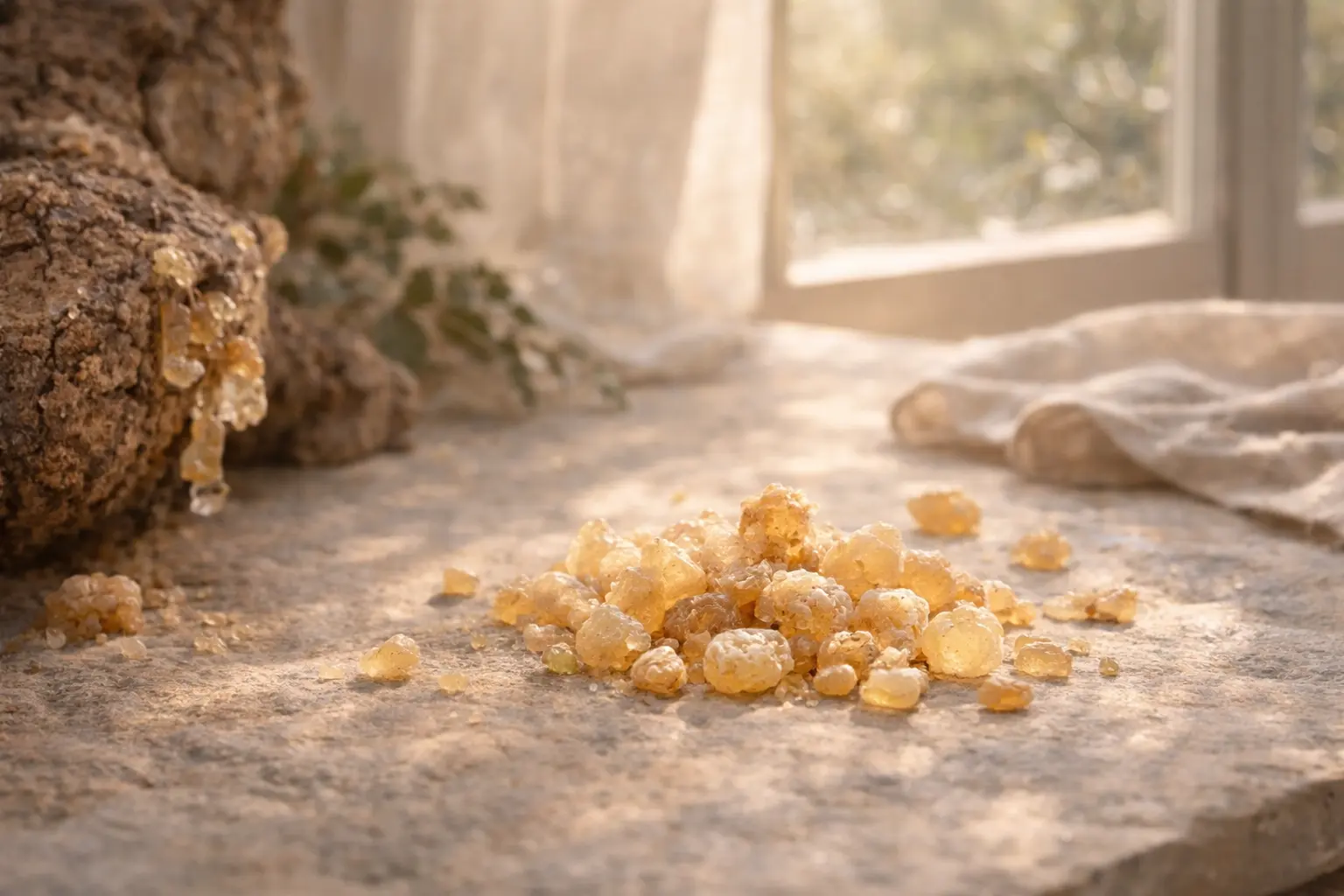 Frankincense resin tears in soft morning light