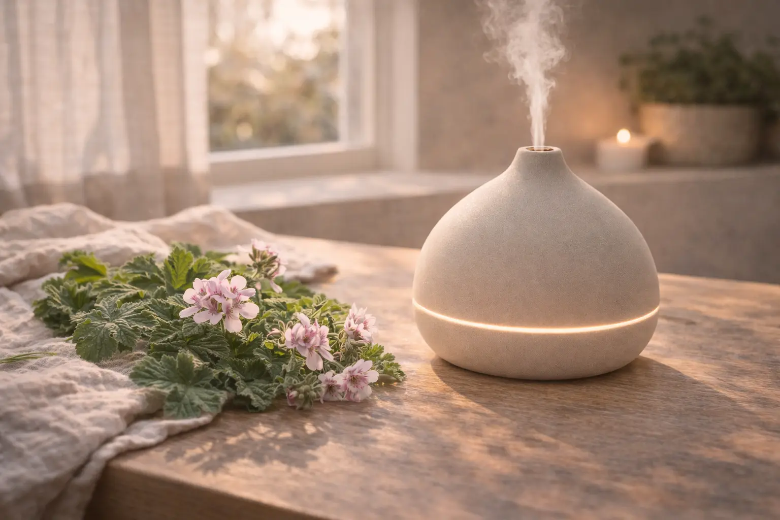Geranium inspired diffuser setup with fresh Pelargonium graveolens leaves and soft pink flowers