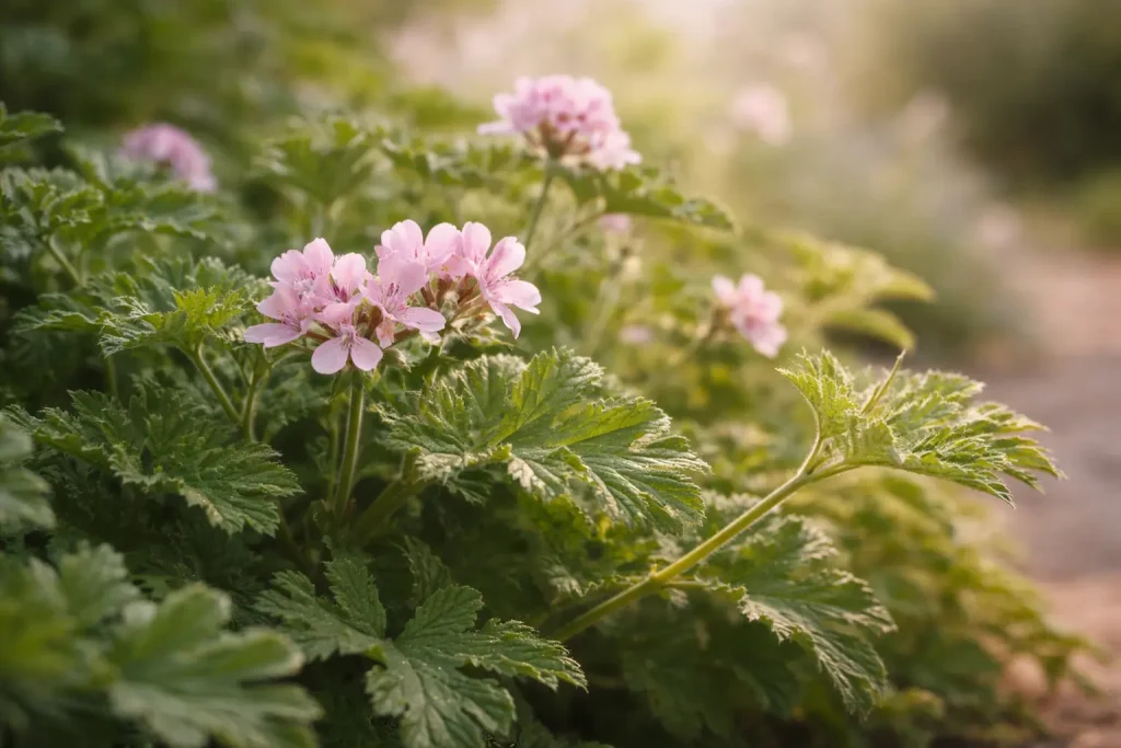 Fresh Pelargonium graveolens geranium leaves and pink flowers in soft natural light
