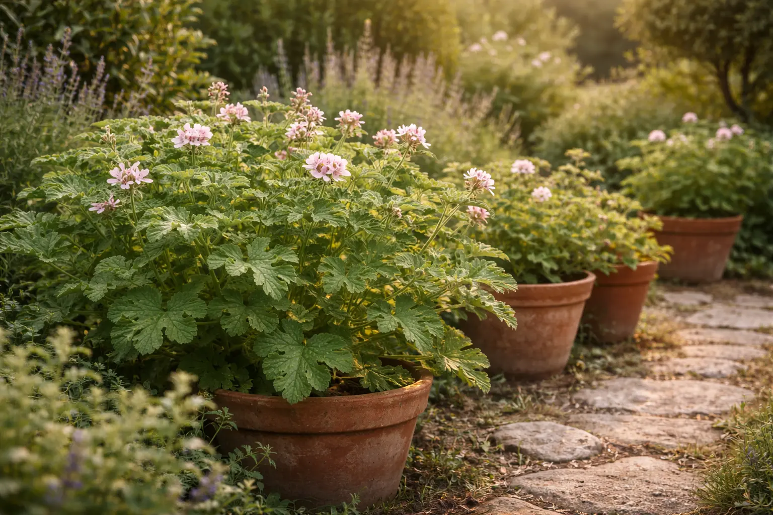 Pelargonium graveolens rose geranium growing in a traditional botanical herb garden