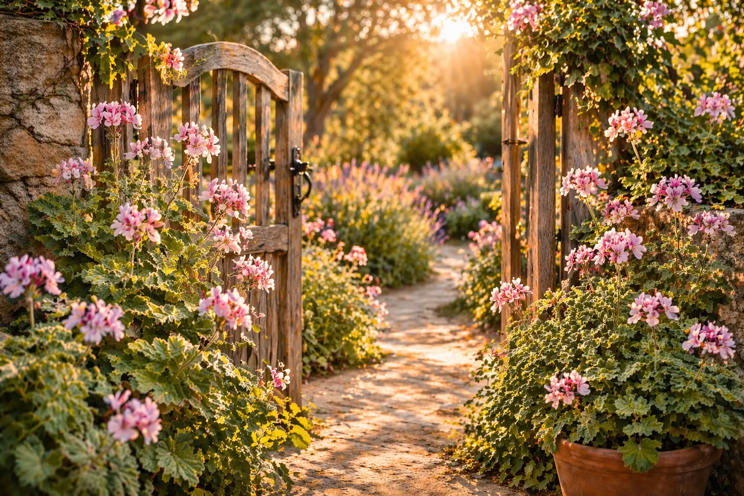 Open garden gate with soft pink geranium flowers symbolizing emotional openness