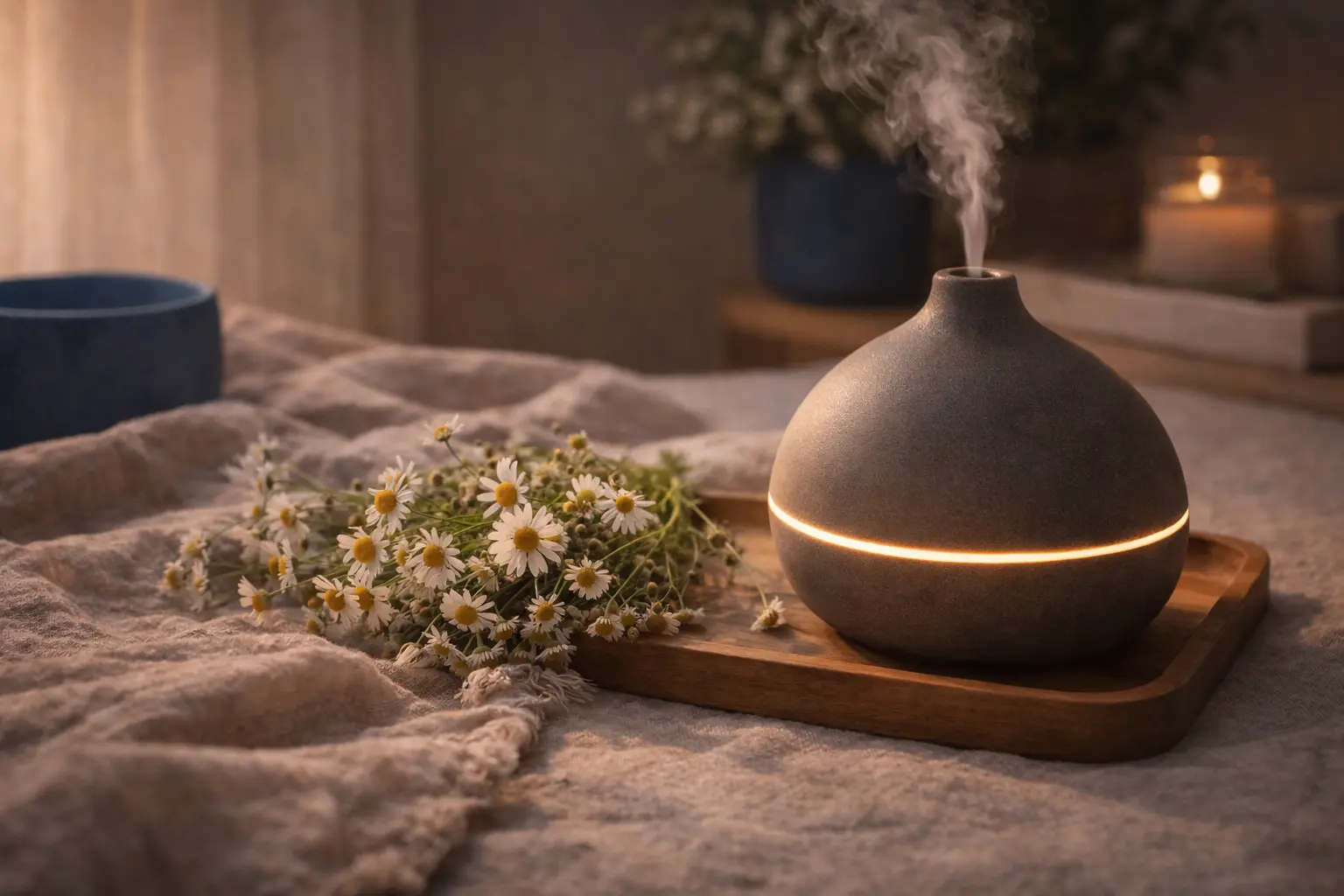 German chamomile inspired diffuser setup with Matricaria chamomilla flowers and a subtle blue accent