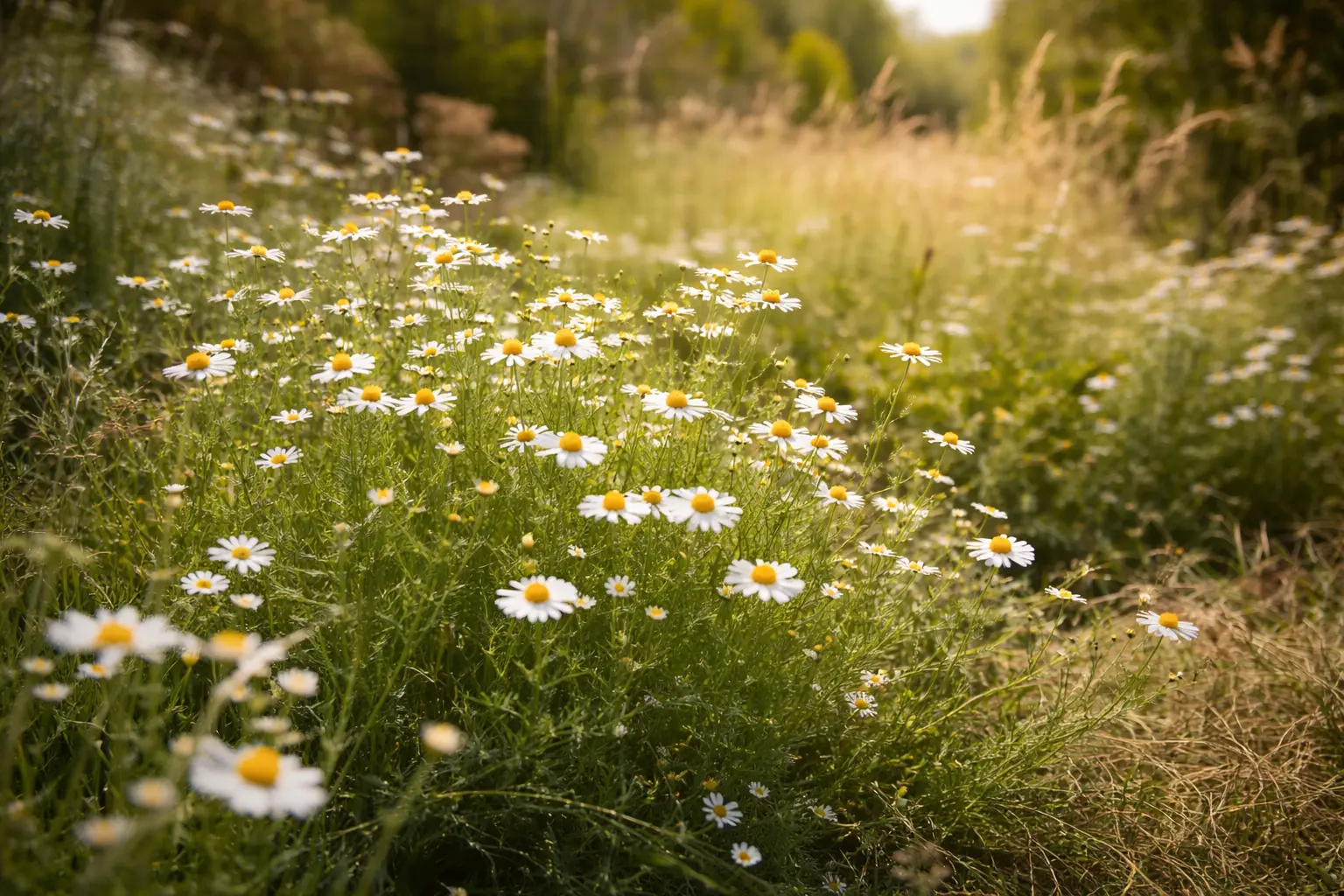 Matricaria chamomilla German chamomile growing in a natural herb meadow
