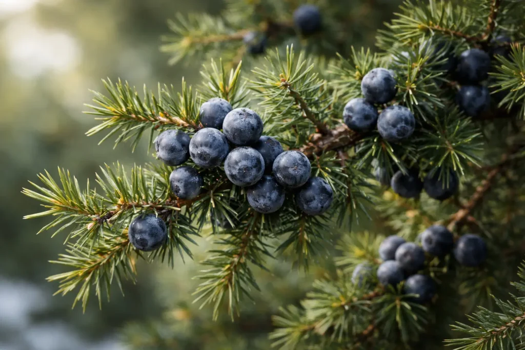 Blue-black Juniperus communis juniper berries on evergreen branches