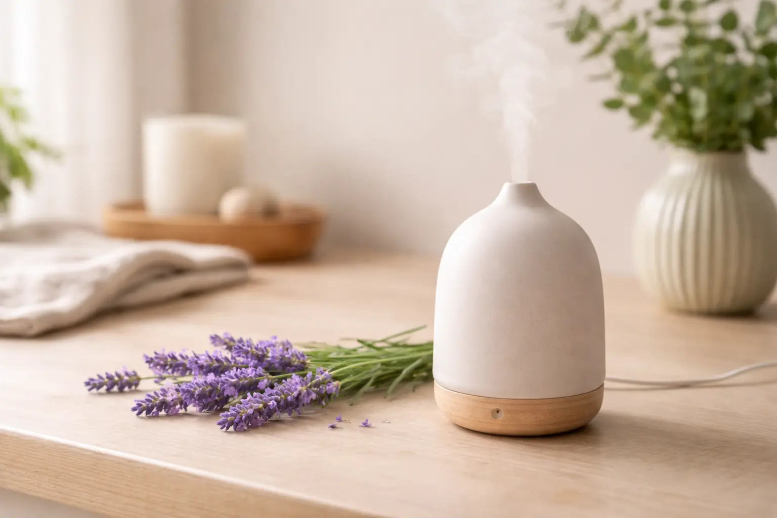 Ceramic diffuser with lavender sprigs in a calm home setting