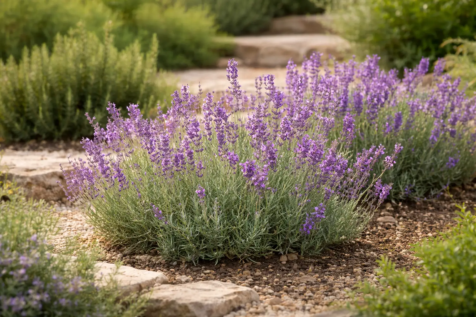 Lavender plants growing in a Mediterranean-style herb garden