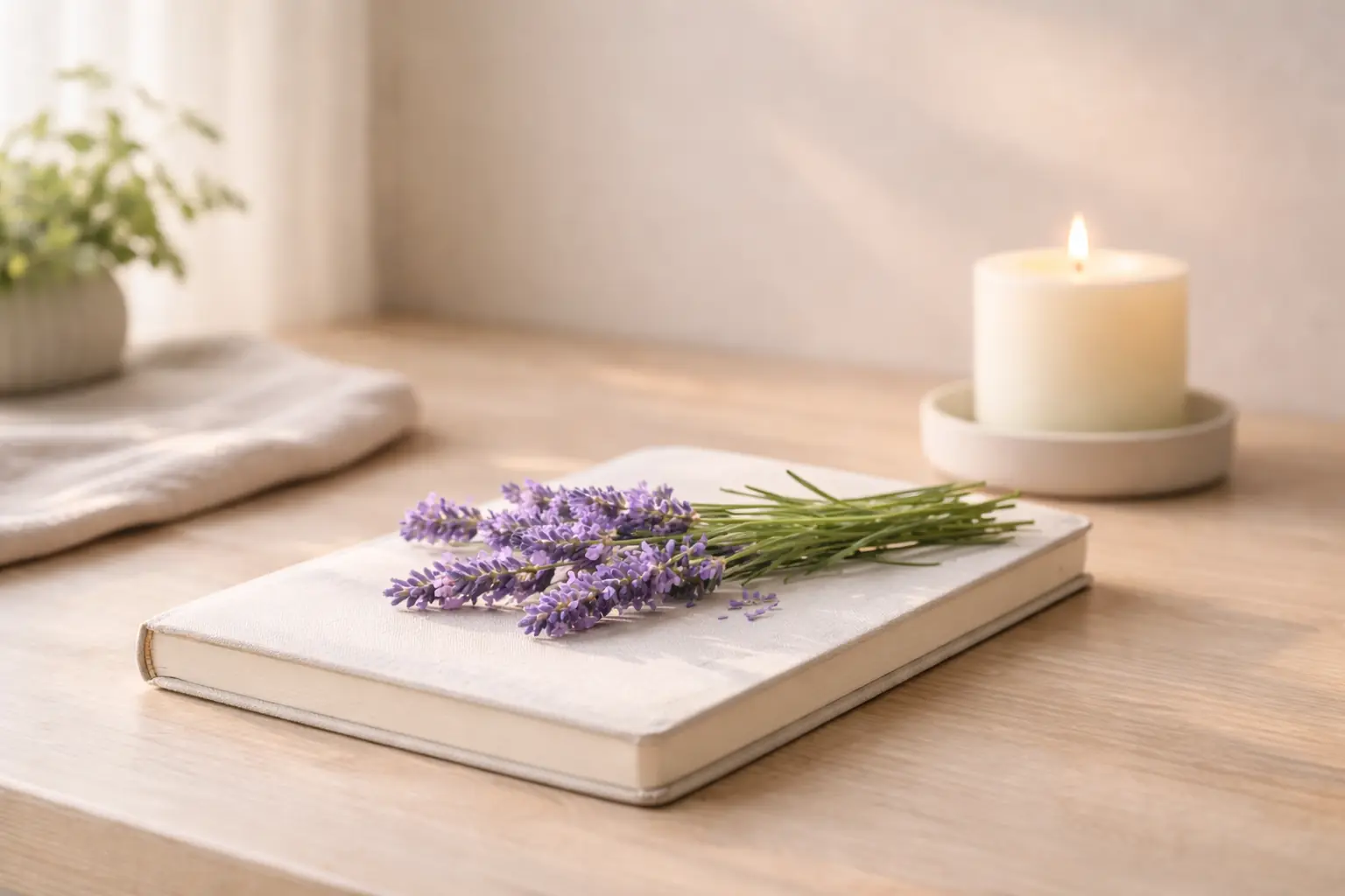 Lavender sprigs beside a plain journal and candle