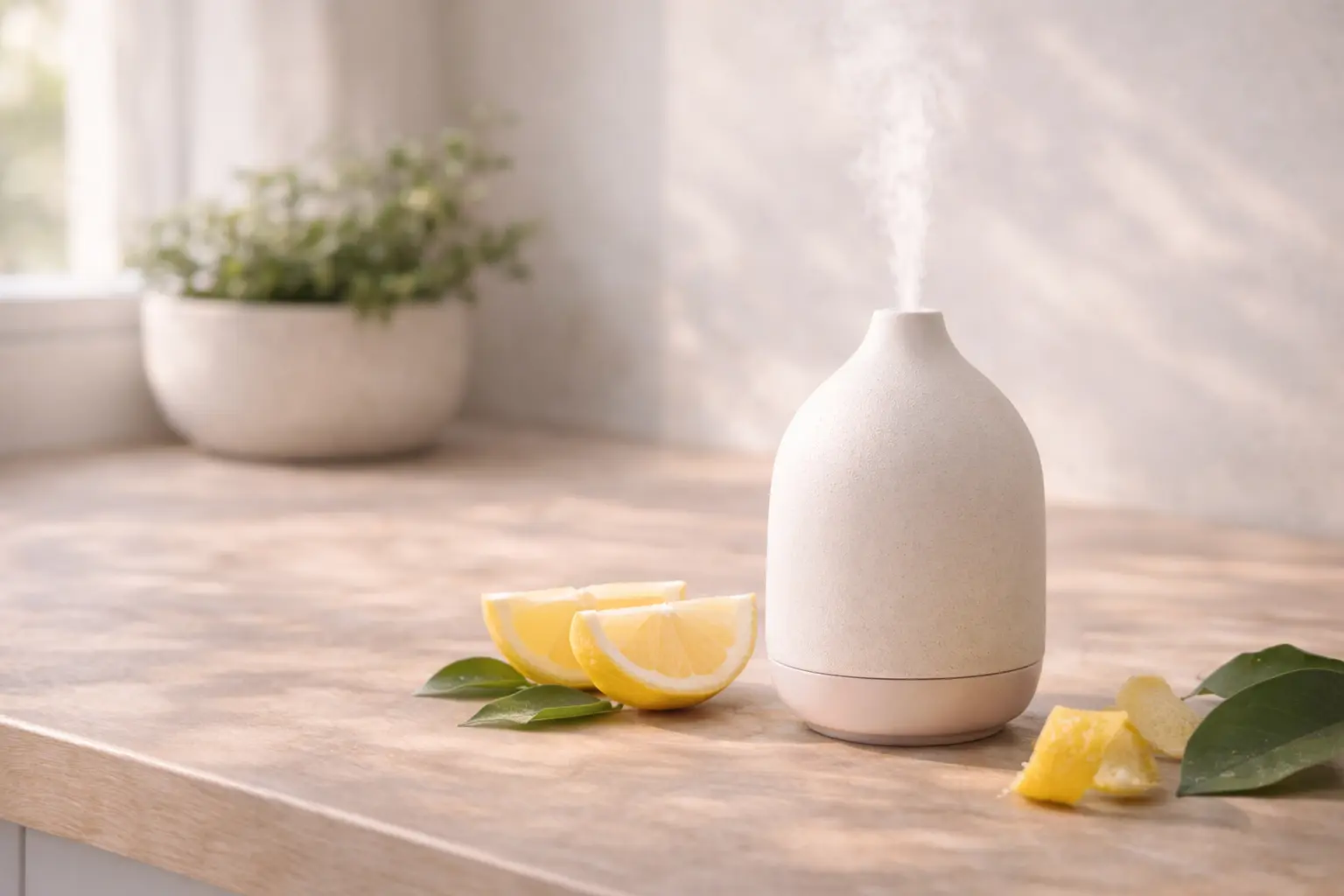 Ceramic diffuser with lemon peel and fresh leaves in a bright home setting