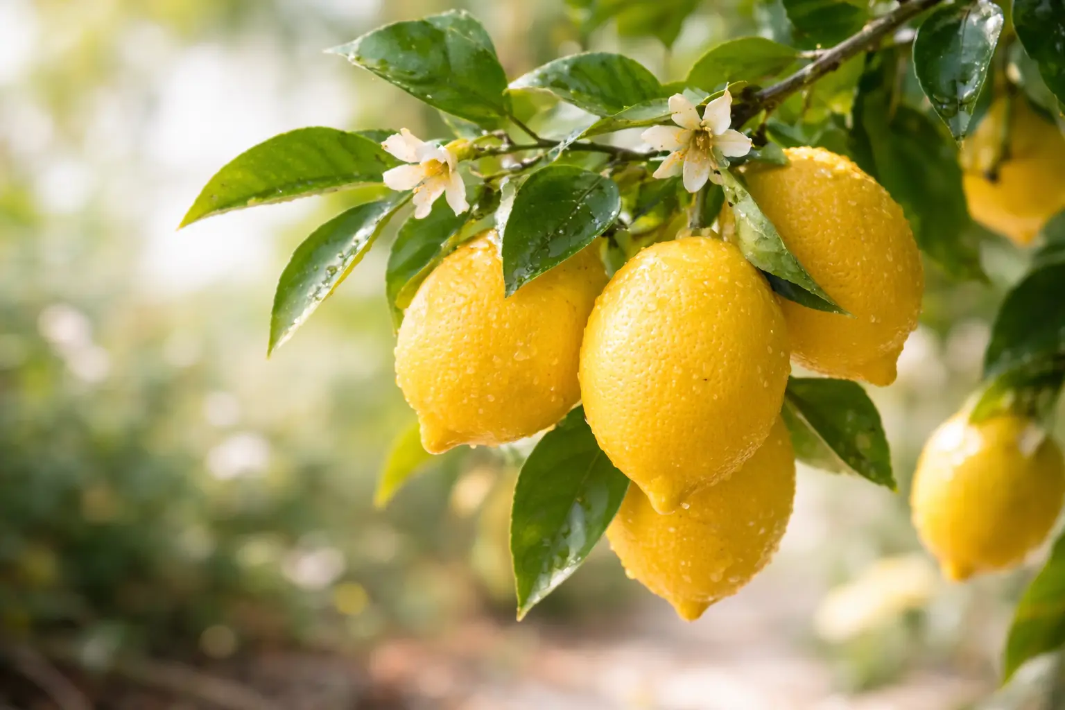 Fresh lemons and green leaves in soft natural light
