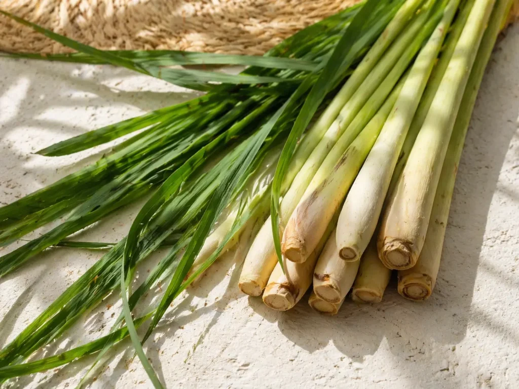 Fresh Cymbopogon citratus lemongrass stalks and leaves in natural light