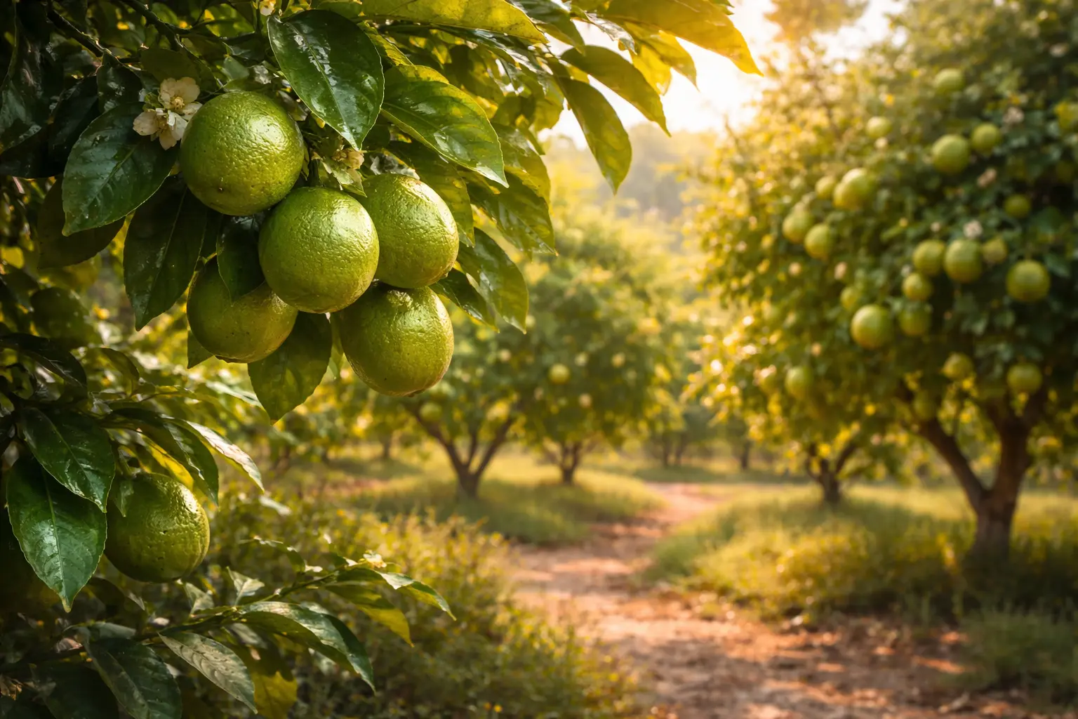 Citrus aurantifolia lime trees growing in a warm tropical orchard