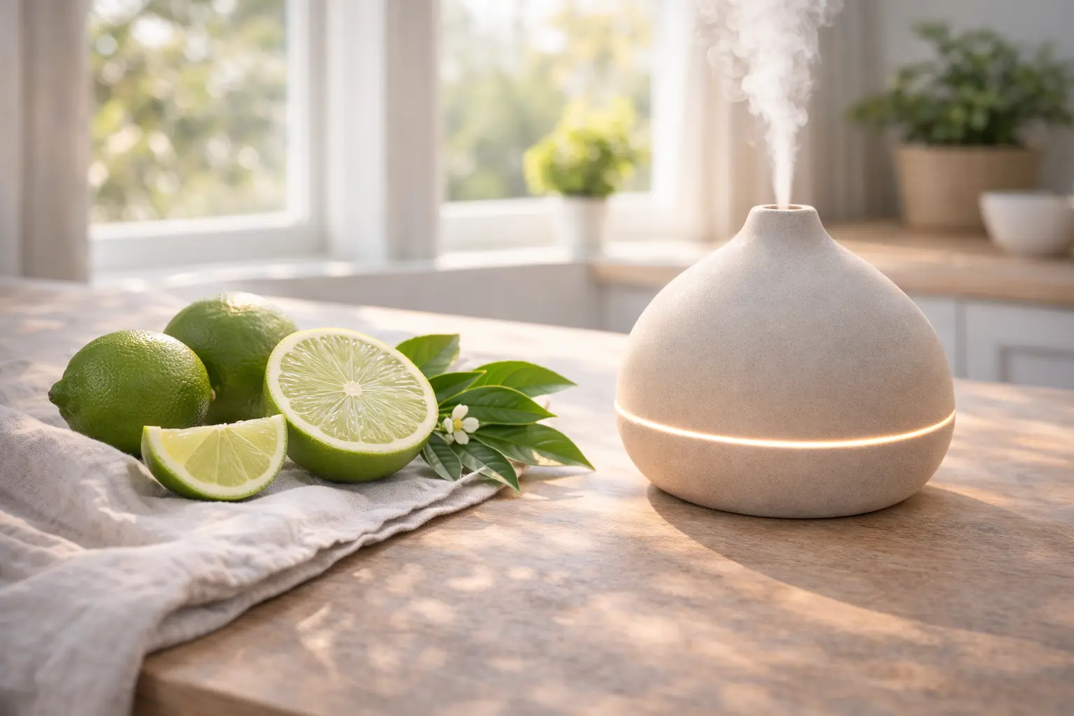 Lime inspired diffuser setup with fresh Citrus aurantifolia limes and clean home textures