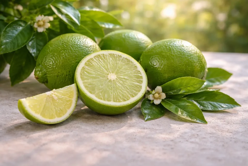 Fresh Citrus aurantifolia limes with glossy leaves in crisp natural light