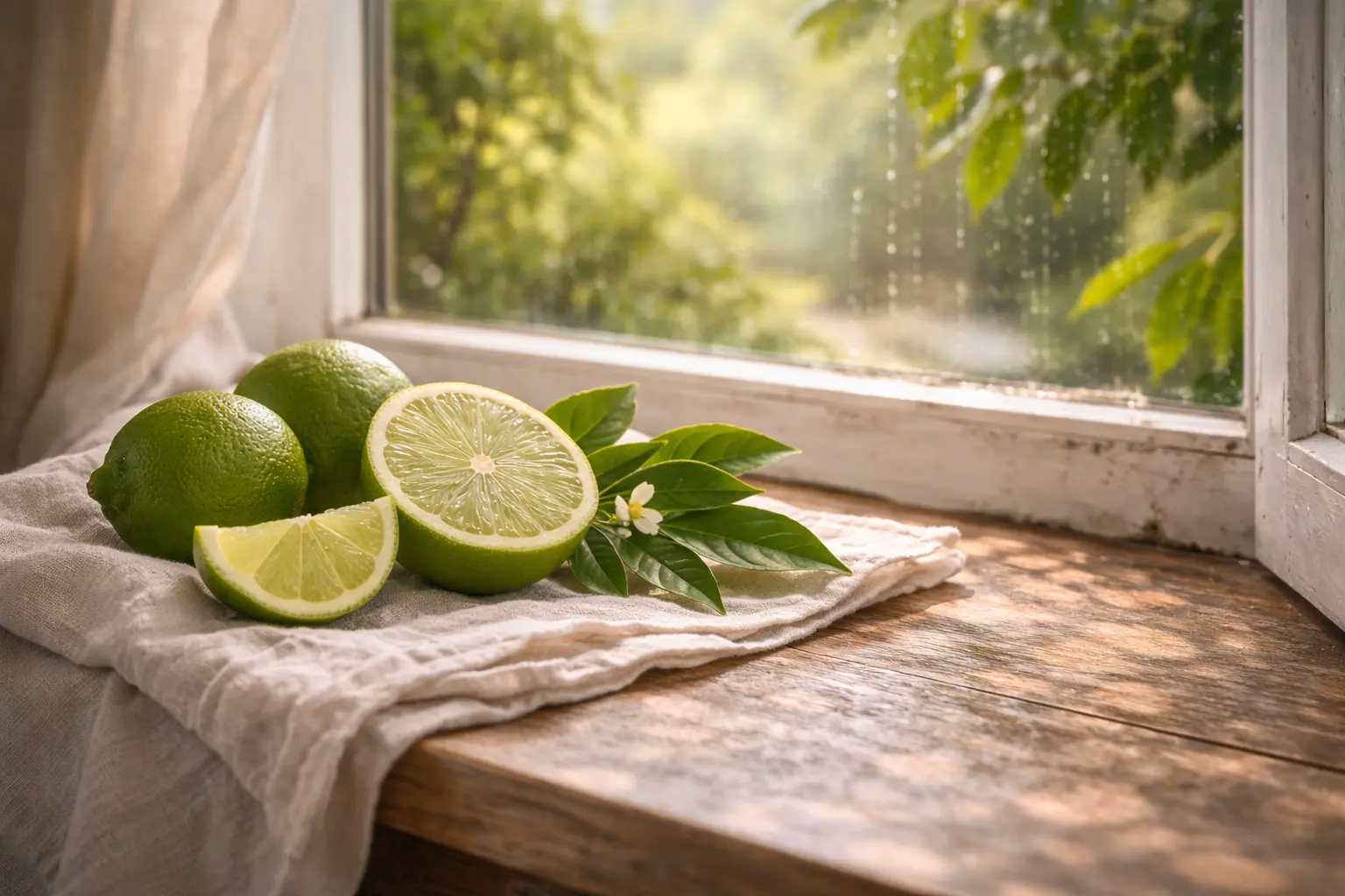 Fresh limes beside a rainwashed window symbolizing clarity and renewal