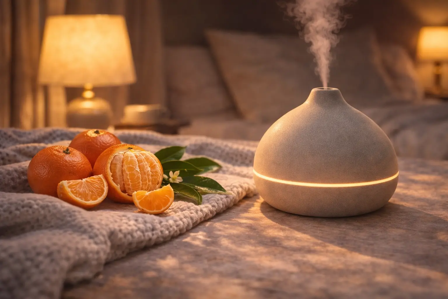 Mandarin red inspired diffuser setup with ripe Citrus reticulata mandarins in cozy evening light